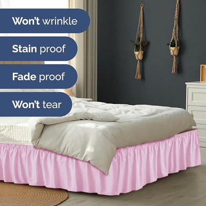 Wrap Around Dust Ruffle Bed Skirt - Light Pink - for Full Size Beds with 15 Inch Drop - Elastic Strap - Adjustable Pleated Bedskirt with Brushed Fabric and Wrinkle Free - for Women, Men, Kids & Teens
