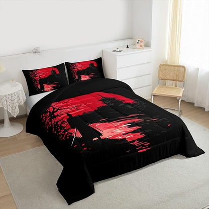 Erosebridal Samurai Comforter Set, Sunset Bedding Set, Japanese Samurai Warm Soft Down Comforter, Scenery Silhouette Bedroom Decor 3Pcs Duvet Set for Men Boys Teens, Queen Size