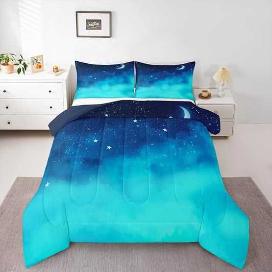 Kawaii Bedding Set Twin,2 Piece Star Moon Galaxy Comforter Set for Boys,Aesthetic Bed Set Star Space Down Comforter,Soft Reversible Starry Sky Duvet Insert with 1 Pillow Sham(Navy Blue Gradient)
