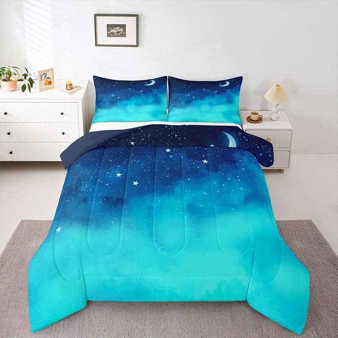Aesthetic Bedding Set King,3 Piece Star Moon Galaxy Comforter Set for Kids,Kawaii Bed Set Star Space Down Comforter,Soft Reversible Starry Sky Duvet Insert with 2 Pillow Shams(Navy Blue Gradient)