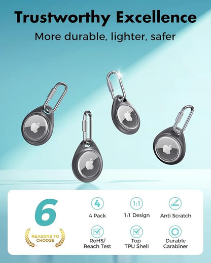 UNBREAKcable for AirTag Holder Case with Professional Carabiner, 4 Pack | Waterproof, Shockproof, Hold Securely, Easy to Install, Protective AirTag Keychain for Keys, Pets, Luggage-Trans Black