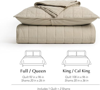 EVERGRACEHOME 100% Cotton Box Stitch Quilt Bedding Set Queen Size 3 Pieces, Garment-Washed Lightweight Soft Cozy Coverlet, Quilted Bedspread Sets with 2 Shams for All Season, Pebble Khaki