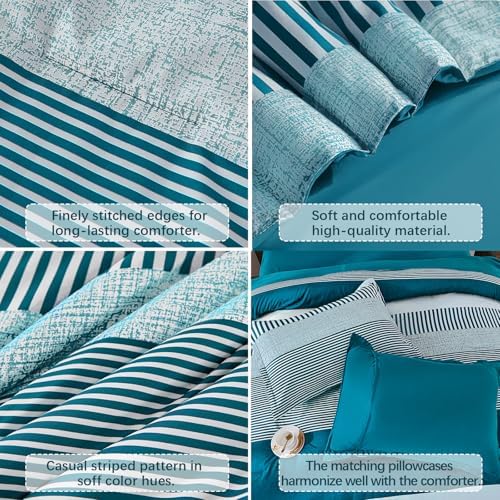 Cottolester Comforter Set Queen Size,Teal Green Striped Comforter for Teen