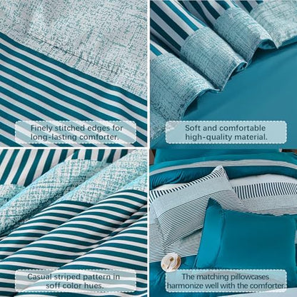 Cottolester Comforter Set Queen Size,Teal Green Striped Comforter for Teen