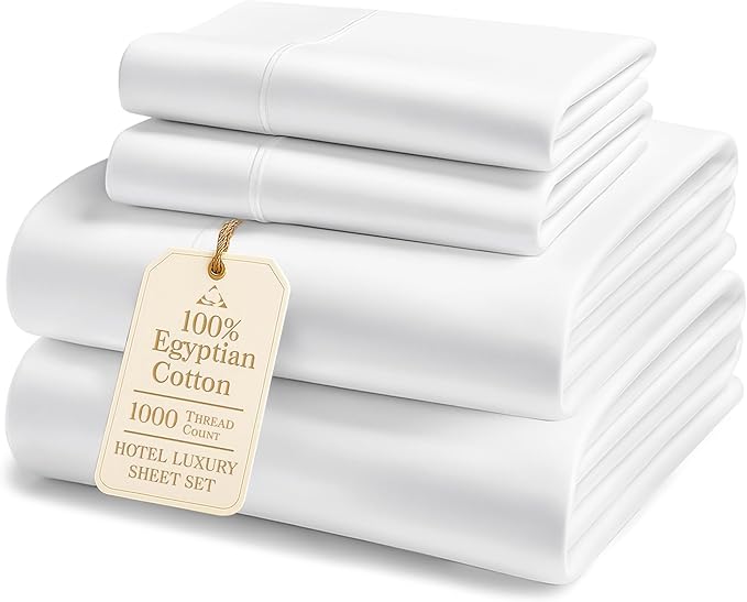 100% Egyptian Cotton Sheets Queen Size - Luxury 1000 Thread Count Naturally Cooling & Breathable Silky Sateen Weave Queen Sheet Set, Soft & Durable Hotel Sheets with 15" Snug Fit Deep Pockets - White