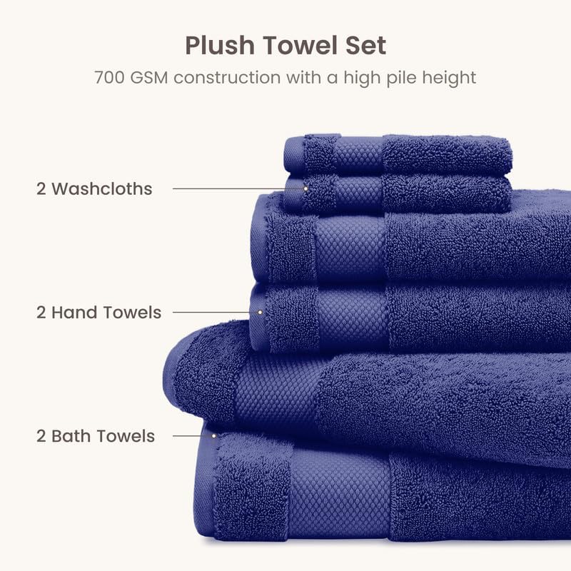 BIOWEAVES 100% Organic Cotton Bath Towel Set | 700 GSM Plush 6-Piece Premium Towel Set GOTS Certified, 2 Bath Towels, 2 Hand Towels & 2 Washcloths - Navy Blue
