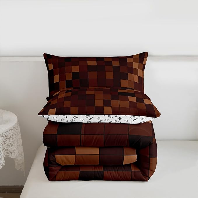 Miners Pixel Checked Comforter Set King Size,Video Games Check Lattice Kids Bedding Set,Game Cartoon Gamepad Quilt Comforter,Dark Brown Duvet Insert,2 Pillowcases