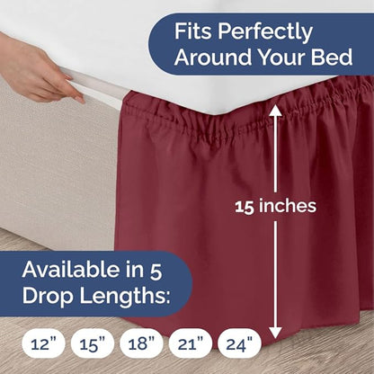 Wrap Around Dust Ruffle Bed Skirt - Burgundy - Twin/Twin XL Size Beds with 15 Inch Drop - Easy Fit Elastic Strap - Adjustable Pleated Bedskirt w/Brushed Fabric Wrinkle Free - Women, Men, Kids & Teens