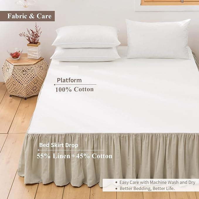 BISELINA French Linen Bed Skirt with Pleated Frills 14-Inch Tailored Drop Natural Flax Cotton Blend Dust Ruffle Soft Cozy Farmhouse Bedding (14" California King, Ruffle Linen)
