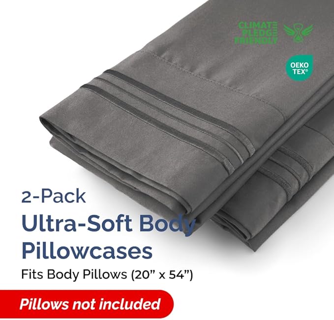 Body Pillowcases Set of 2-20x54 Long Body Pillow Case - Soft Body Pillow Cover for Sleeping & Side Sleepers - Comfy, Wrinkle & Fade Free - Machine Washable w/Envelope Enclosure Charcoal
