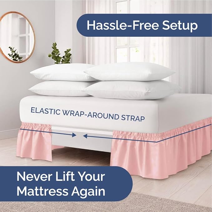 Wrap Around Dust Ruffle Bed Skirt - Baby Pink - Twin Size Beds w/ 15 Inch Drop - Easy Fit Elastic Strap - Adjustable Pleated Bedskirt w/Brushed Fabric - Wrinkle Free - Women, Men, Kids & Teens