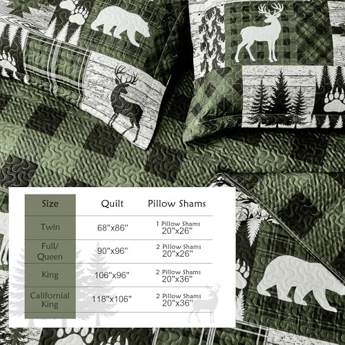 2 Piece Cabin Quilt Sets Twin Size Farmhouse Rustic Reversible Microfiber Soft Lightweight Bedspread Comforter with 1 Sham Patchwork Country Lodge Bedding Quilts Sets for All Season, 68''x86'', Green