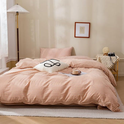EAVD Pink Tan Gingham Comforter Set King Soft Washed Cotton Farmhouse Mini Pink Tan Checkered Plaid Bedding Set with 2 Pillowcases Modern Farmhouse Reversible Plaid Comforter Set for All-Season