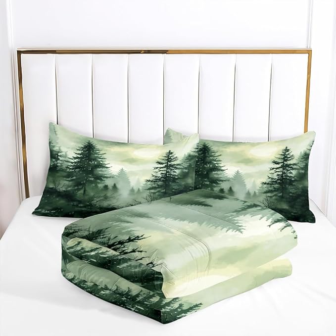 Olive Green Botanical Comforter Set Queen Size Green Woodland Forest Tree Comforters Ombre Nature Landscape Bedding Set Army Green Pine Trees Bedding Ultra Soft Microfiber