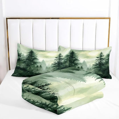 Olive Green Botanical Comforter Set Queen Size Green Woodland Forest Tree Comforters Ombre Nature Landscape Bedding Set Army Green Pine Trees Bedding Ultra Soft Microfiber