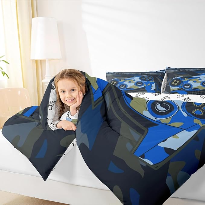 Feelyou Boys Gaming Comforter Set Toddler Size Teens Gamer Bedding Set Retro Blue Camouflage Video Game Controller Comforter for Kids Youth Bedroom Decor Gamer Console Action Buttons Duvet Set