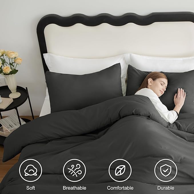 CozyLux Twin/Twin XL Comforter Set Dark Grey, 2 Pieces Twin Extra Long Solid Breathable Bedding Set for College Dorm, Dark Gray Luxury Soft Bed Set with Down Alternative Comforter and 1 Pillowcase