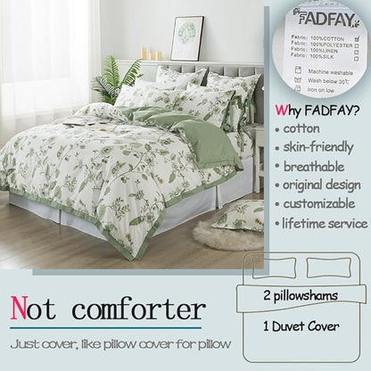 FADFAY Green Duvet Cover Set Queen Floral Bedding 100% Cotton Shabby Vintage Reversible Zipper Farmhouse Comforter Cover Flower Print Bed Covers Girls Pretty Bowknot Soft Breathable 3Pcs
