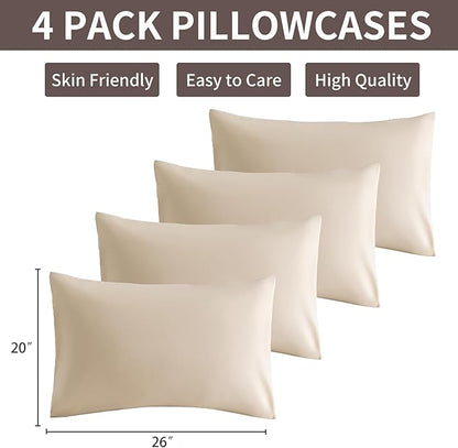 MINIPANDA Beige Pillow Cases Standard Size Set of 4 - Super Soft, Smooth and Breathable Standard Pillow Cases- Envelope Design - Machine Washable Lightweight (20X26 Inches (4 Piece))