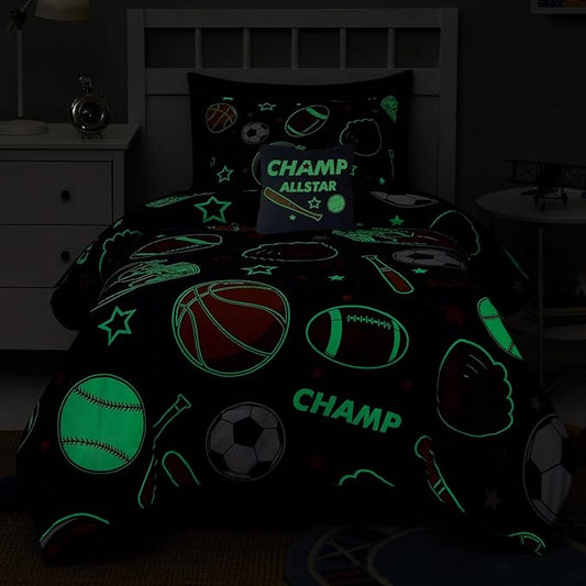 Kids Comforter Set Twin Size for Boys, Glow in The Dark Ball Games Bedding Set 1 Comforter, 1 Decor Pillow, 1 Pillow Shams