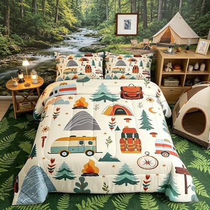 Feelyou Happy Camping Comforter Set for Kids Boys Girls Twin Travel Bag Tent Compass Print Bedding Set Soft Outdoor Travel Duvet Quilt Camping Gifts Comforter Travel Trailers Themed