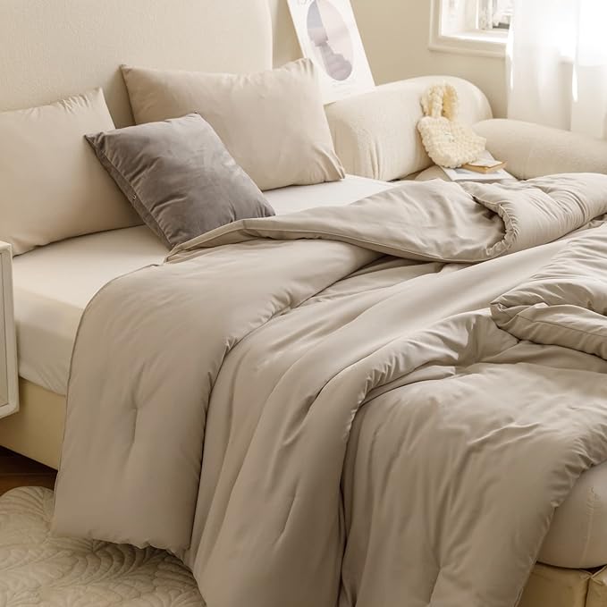 ROSGONIA Queen Comforter Set Oatmeal, 3pcs(1 Boho Oatmeal Comforter & 2 Pillowcases) All Season Soft Bedding Lightweight Bedspread Blanket Quilt