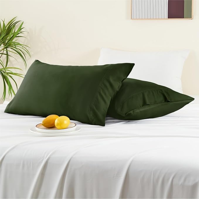 BEDELITE Olive Green Pillow Cases Queen Size Set of 2, Rayon Derived from Bamboo，Cooling Pillow Cases for Hot Sleepers & Night Sweats, Breathable and Silky Soft Envelope Pillowcases, 20"x30"