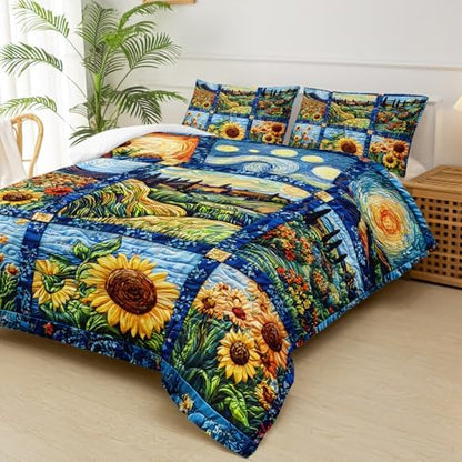 Yellow Sunflower Queen Size Comforter Set，Bedding Queen Size Quilts Sunflower，Rustic Farmhouse Bedroom Set Bedding Set，with 1 Comforter with 2 Pillow Case