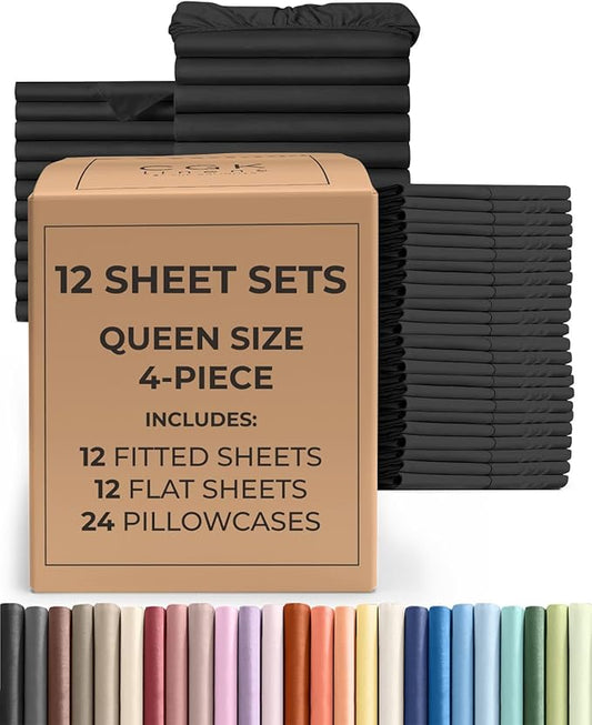 Bulk Case Pack of 12 Sheet Sets - 12 Massage Sheet Sets - Bulk Pack of Queen Sheet Sets - Bulk Queen Size Sheets - Wholesale Bulk Sheets for Hotels & Airbnbs - Exceptional Value - Queen Sized, Black