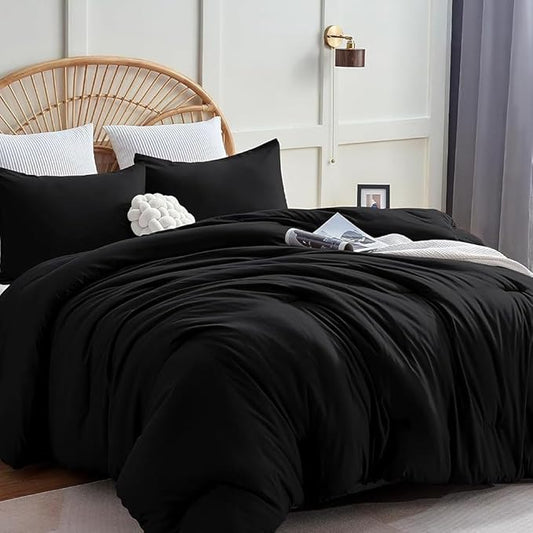 CLOTHKNOW Black Comforter Set California King Solid Black Bedding Comforter Sets Soft Men Women California King Comforter with 2 x Pillow Cases
