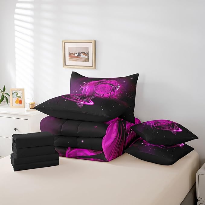Erosebridal Gothic Dragon Dream Catchers Bed in a Bag King Size Comforter Set 7 Pieces,Peach Fuchsia Galaxy Bohemian Feather Bedding Sets Antique Animal Pterosaur Sheet Set with Comforter