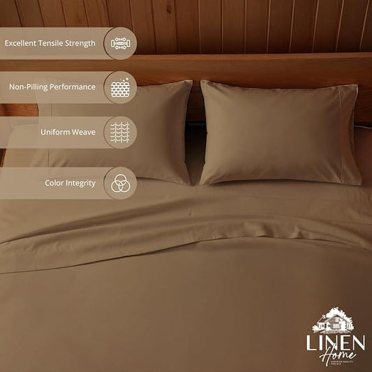 Linen Home 100% Cotton Percale Sheets Full Size, Earthy Brown, Deep Pocket, 4 Pieces Set - 1 Flat, 1 Deep Pocket Fitted Sheet and 2 Pillowcases, Crisp Cool and Strong Bed Linen