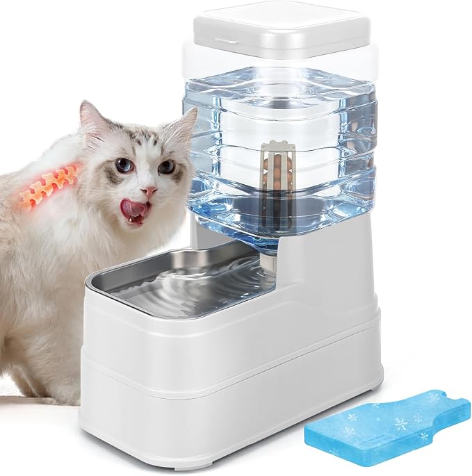 1.6 Gallon Pet Automatic Dog Water Dispenser Cat Gravity Waterer Feeder with Stainless Steel Bowl Large Capacity Puppy Feeding Raised Bowls with Filter,Ice Pack (White, 6L(1.6 Gallon))