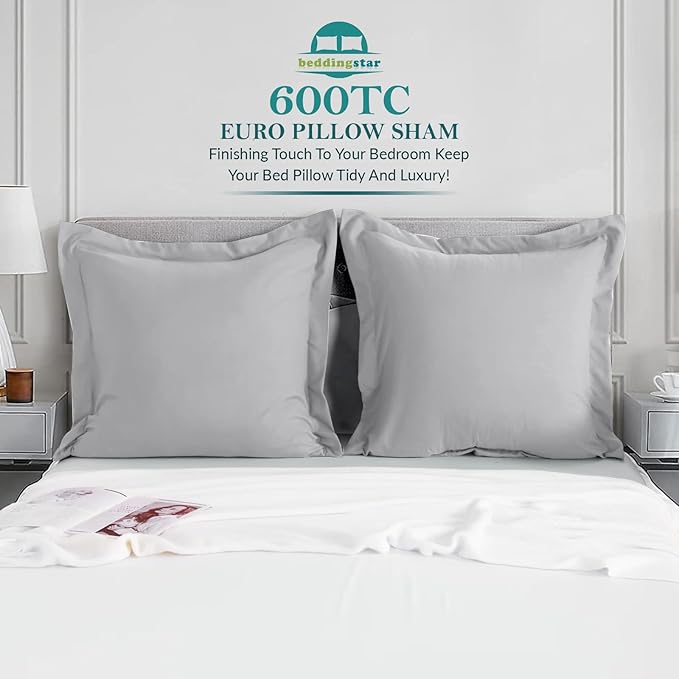 Euro Sham Covers 24x24 Set of 2 Silver Grey 600 TC 100% Egyptian Cotton Pack of 2 Euro 24x24 Pillow Covers Cushion Cover Cases Soft Skin Friendly European Size Decorative Square Pillow Shams