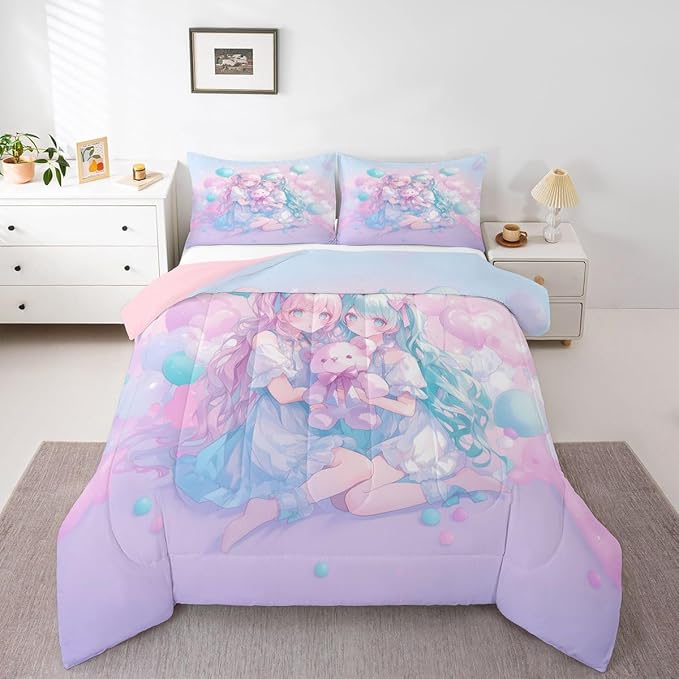 Erosebridal Anime Girl Kids Bedding | Girly Friendship Full Comforter Sets,Fantasy Dreamy Girls Comforter Romance Ballons Duvet Insert with 2 Pillow Cases