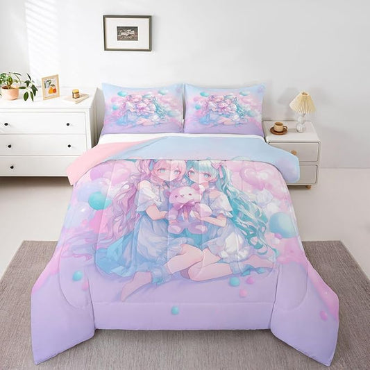 Erosebridal Anime Girl Kids Bedding | Girly Friendship Full Comforter Sets,Fantasy Dreamy Girls Comforter Romance Ballons Duvet Insert with 2 Pillow Cases