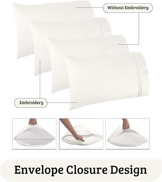 YIYEA California King Pillow Cases Set of 4, Ultra Soft 1800TC Hotel Quality Double Brushed Microfiber Embroidered Pillowcases, Envelope Closure, Fade Resistant (20"x40", Ivory)