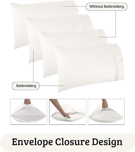 YIYEA California King Pillow Cases Set of 4, Ultra Soft 1800TC Hotel Quality Double Brushed Microfiber Embroidered Pillowcases, Envelope Closure, Fade Resistant (20"x40", Ivory)
