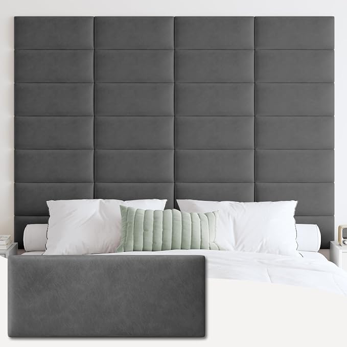 IFNOW Wall Mounted Headboard, Peel and Stick Panels, Dark Grey, Queen | Upholstered 3D Soundproof Acoustic Panels Reusable and Removable Padded Leather Bed Headboard, 6 Panels 9.84" x 23.62"