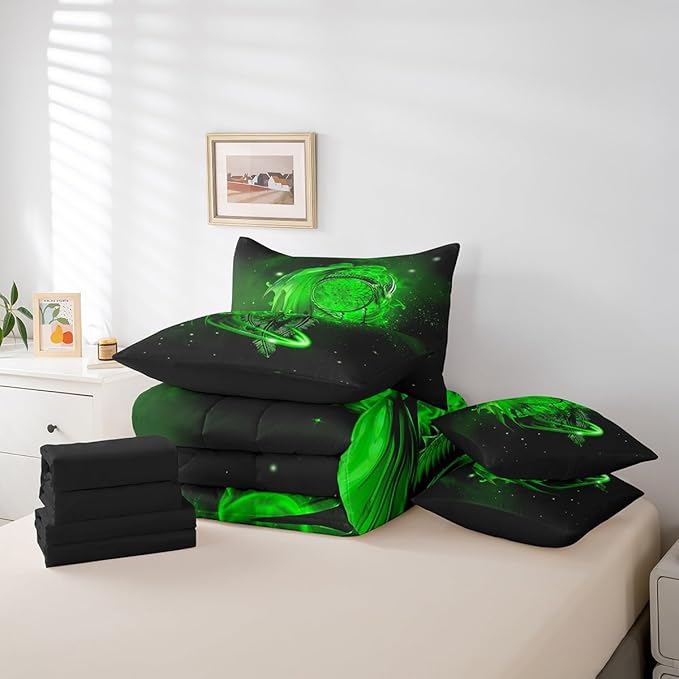Erosebridal Gothic Dragon Dream Catchers Comforter Set 7 Piece Bed in a Bag Twin,Green Galaxy Bohemian Feather Bedding Sets Antique Animal Pterosaur Sheet Set with Comforter