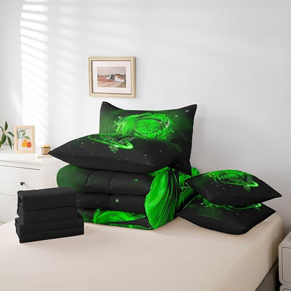 Erosebridal Gothic Dragon Dream Catchers Bed in a Bag King Size Comforter Set 7 Pieces,Green Galaxy Bohemian Feather Bedding Sets Antique Animal Pterosaur Sheet Set with Comforter