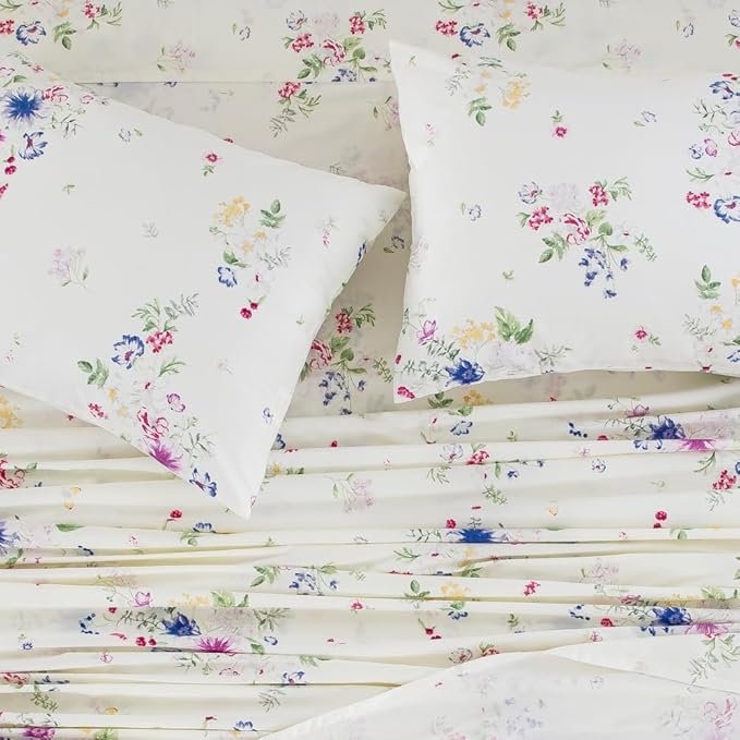 DAUAOTO 100% Cotton Bedding Printed Sheets Set for Full Size Bed Up to 14" Deep Mattress, Farmhouse Pattern Bedlinen Sets, Bloom Floral
