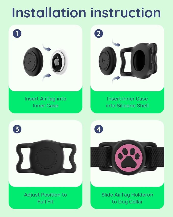 IP68 Waterproof Dog AirTag Holder for Dog Collar, Soft, Stretchy Silicone | Full-Body Protection, Easy Tool-Free Installation, Quiet, No-Dangle Fit, Lightweight, Fits Dog & Cat Collars of All Widths