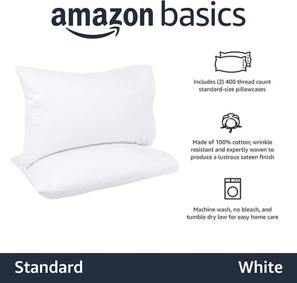 Amazon Basics 400 Thread Count Cotton Pillowcases, Standard, 30" L x 20" W, White - Set of 2, Pillows Not Included