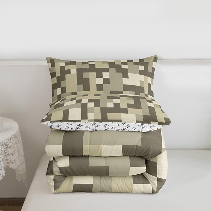 Pixelated Miners Blocks Kids Bedding Set King Size,Patchwork Square Video Games Comforter Set,Geometric Patchwork Grid Quilt Comforter,Light Gray Bedroom Duvet Insert,2 Pillowcases