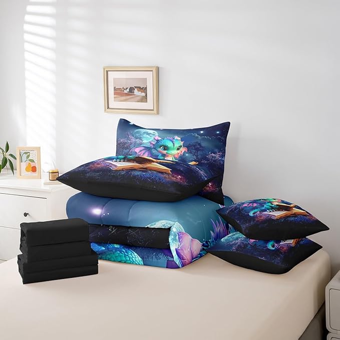 Castle Fairy Cartoon Dragon Bedding Set,Mysterious Jungle Moon Night Twin Comforter Set with Sheets for Kids Boys Girls Teens Room Decor,Western Animal Bed in a Bag 7 Piece for Bedroom Living Room