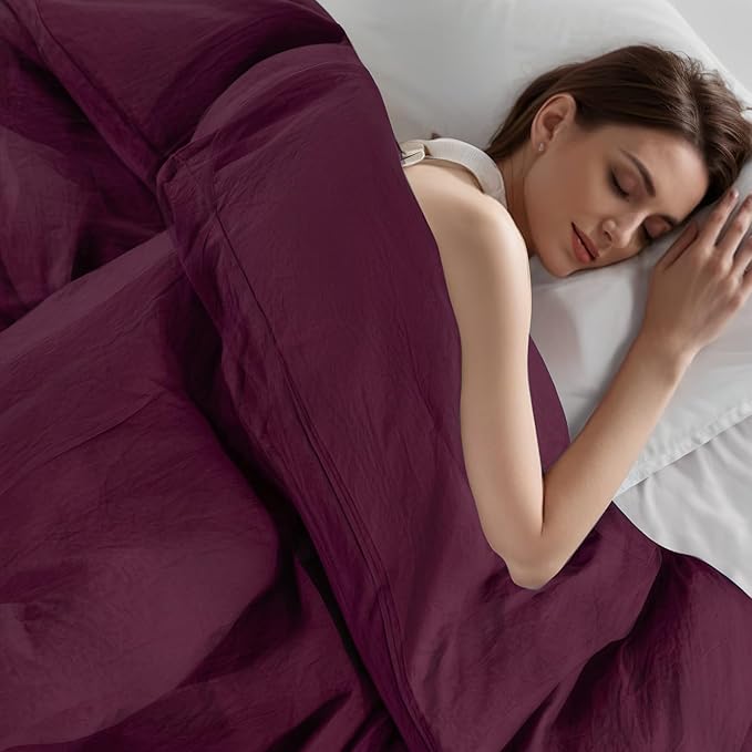 NEXHOME PRO 100% Washed Cotton Duvet Cover Twin Size, Ogranic Natural Linen Feel Breathable Bedding Set with Zipper Closure, 2 Pieces Duvet Cover Set Wine (No Comfortert) 6890