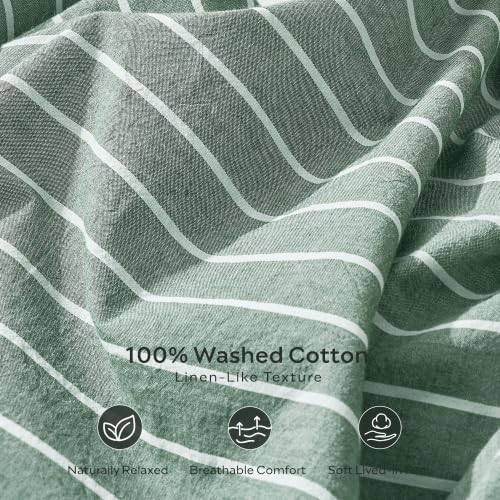 JELLYMONI 100% Washed Cotton Forest Green Striped Duvet Cover Set Twin