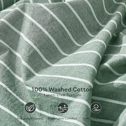 JELLYMONI 100% Washed Cotton Forest Green Striped Duvet Cover Set Twin