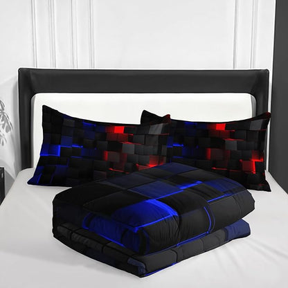 Red and Blue Checkered Comforter Set King Honeycomb Bedding Sets 3PCS for Kids Teen Adult Boy Room Decor Ultra-Soft Lightweight Microfiber 1 Comforter with 2 Pillowcases